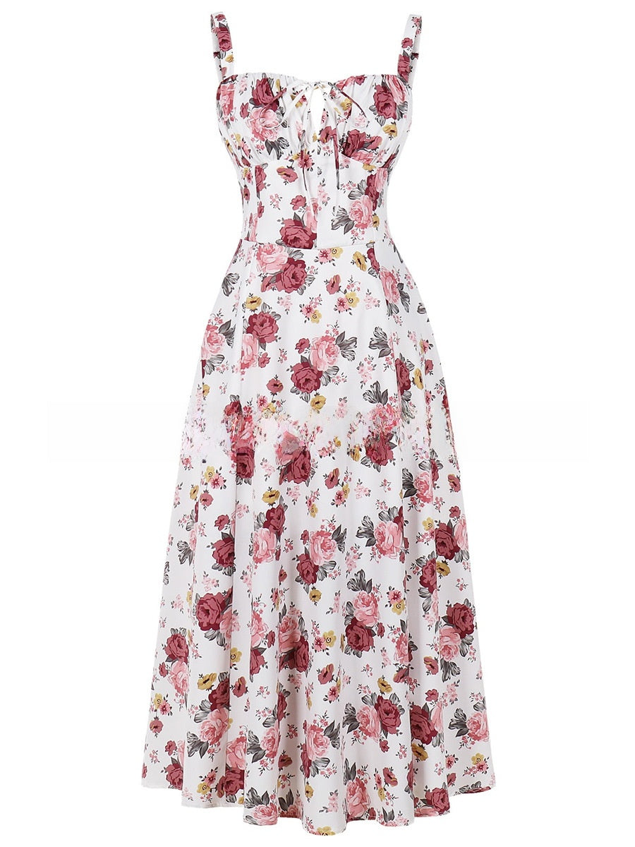 Cross-Border European and American 2026 Amazon Summer New Printed Tie-Up Strap Dress with Back Tie Waist-Cinching Long Dress