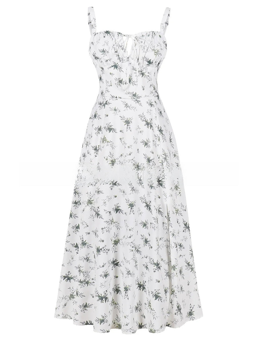 Cross-Border European and American 2026 Amazon Summer New Printed Tie-Up Strap Dress with Back Tie Waist-Cinching Long Dress
