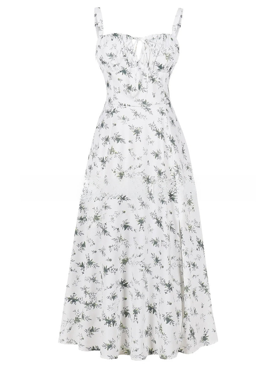 Cross-Border European and American 2026 Amazon Summer New Printed Tie-Up Strap Dress with Back Tie Waist-Cinching Long Dress