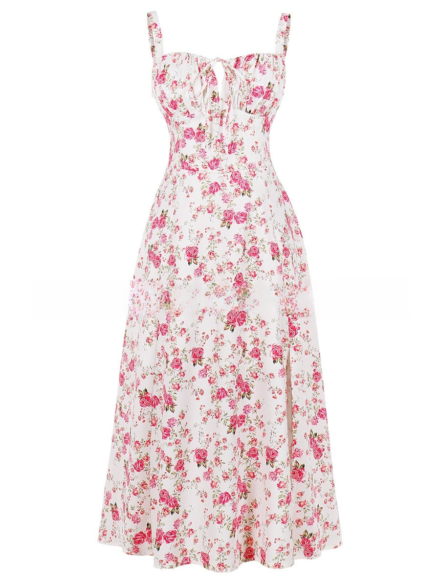 Cross-Border European and American 2026 Amazon Summer New Printed Tie-Up Strap Dress with Back Tie Waist-Cinching Long Dress