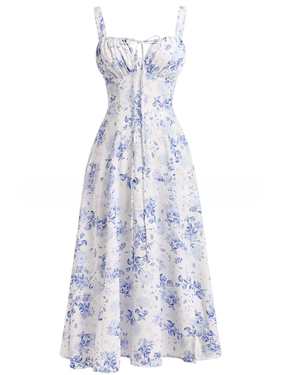 Cross-Border European and American 2026 Amazon Summer New Printed Tie-Up Strap Dress with Back Tie Waist-Cinching Long Dress