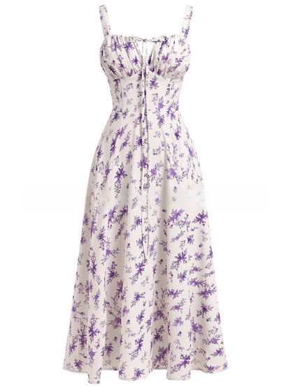 Cross-Border European and American 2026 Amazon Summer New Printed Tie-Up Strap Dress with Back Tie Waist-Cinching Long Dress