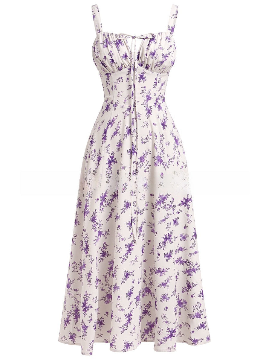 Cross-Border European and American 2026 Amazon Summer New Printed Tie-Up Strap Dress with Back Tie Waist-Cinching Long Dress