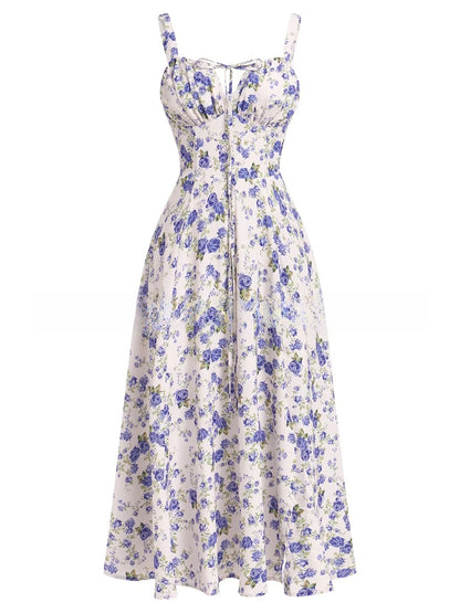 Cross-Border European and American 2026 Amazon Summer New Printed Tie-Up Strap Dress with Back Tie Waist-Cinching Long Dress