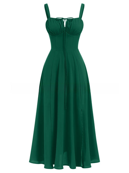 Cross-Border European and American 2026 Amazon Summer New Printed Tie-Up Strap Dress with Back Tie Waist-Cinching Long Dress