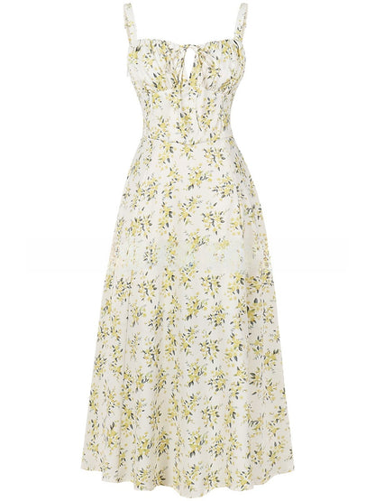 Cross-Border European and American 2026 Amazon Summer New Printed Tie-Up Strap Dress with Back Tie Waist-Cinching Long Dress