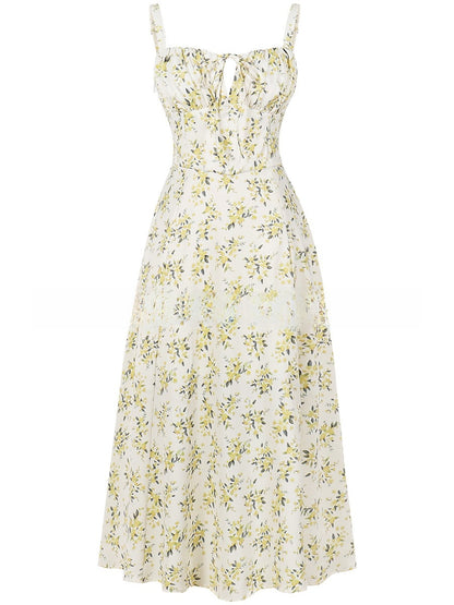 Cross-Border European and American 2026 Amazon Summer New Printed Tie-Up Strap Dress with Back Tie Waist-Cinching Long Dress