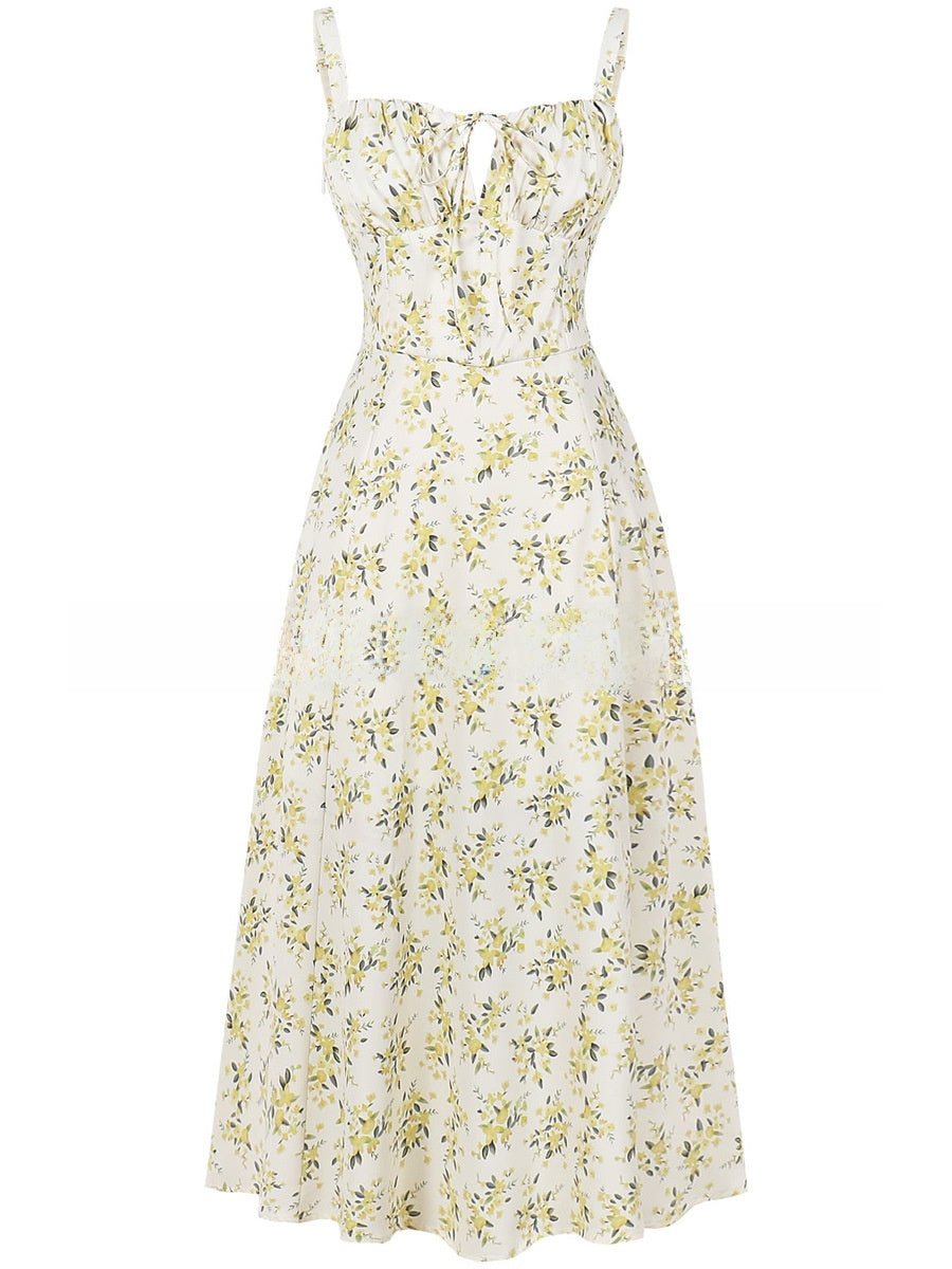 Cross-Border European and American 2026 Amazon Summer New Printed Tie-Up Strap Dress with Back Tie Waist-Cinching Long Dress