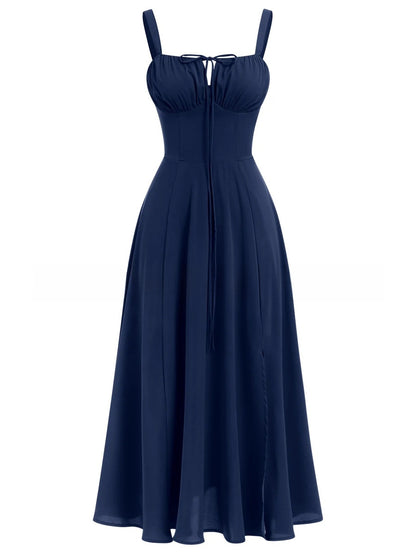 Cross-Border European and American 2026 Amazon Summer New Printed Tie-Up Strap Dress with Back Tie Waist-Cinching Long Dress