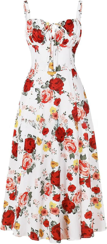 Cross-Border European and American 2026 Amazon Summer New Printed Tie-Up Strap Dress with Back Tie Waist-Cinching Long Dress