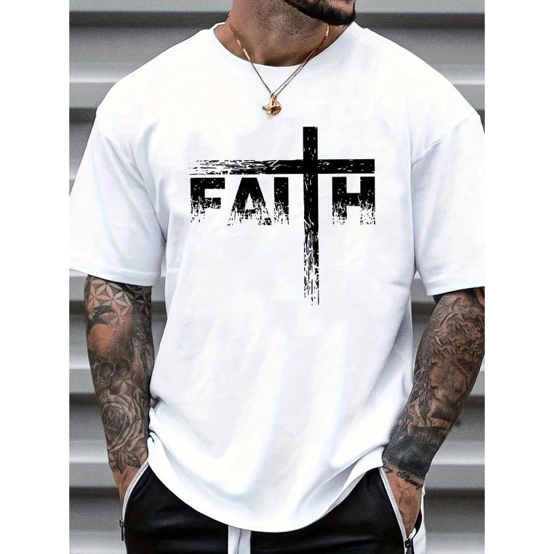 Cross-Border European Size Men's Letter Print Round Neck Tee, Regular Fit Casua