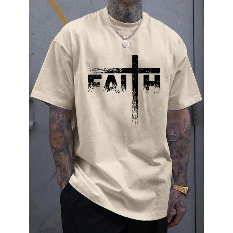 Cross-Border European Size Men's Letter Print Round Neck Tee, Regular Fit Casua