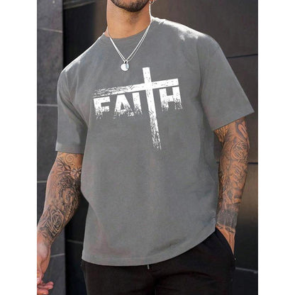 Cross-Border European Size Men's Letter Print Round Neck Tee, Regular Fit Casua