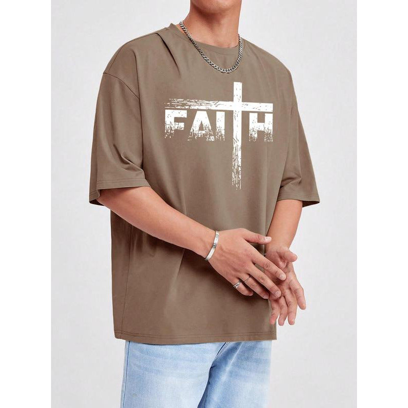 Cross-Border European Size Men's Letter Print Round Neck Tee, Regular Fit Casua