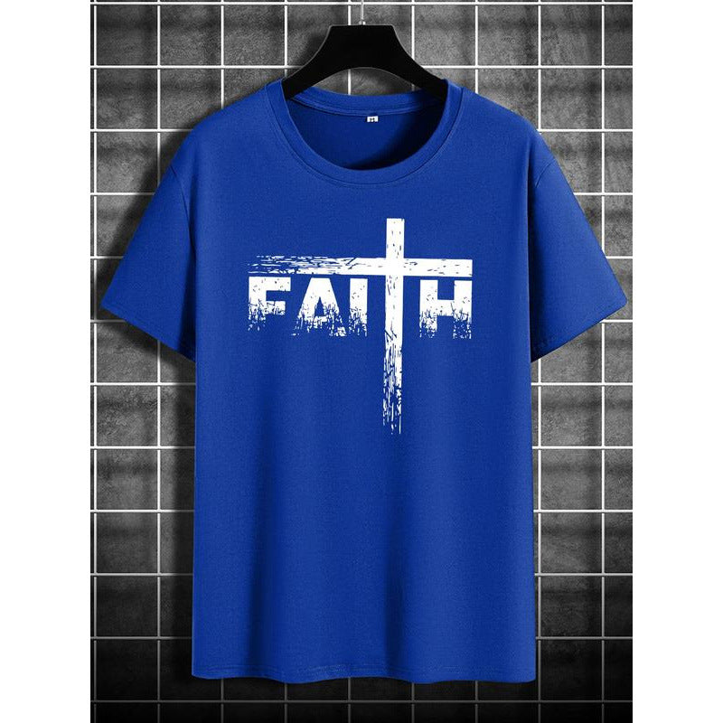Cross-Border European Size Men's Letter Print Round Neck Tee, Regular Fit Casua