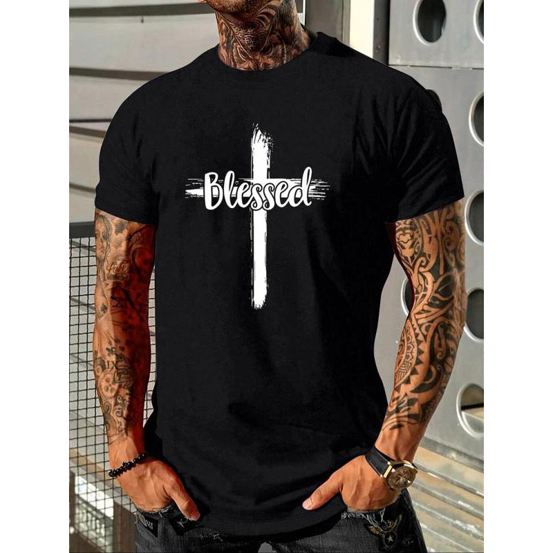 Cross-Border European Size Men's Letter Print Round Neck Tee, Regular Fit Casua