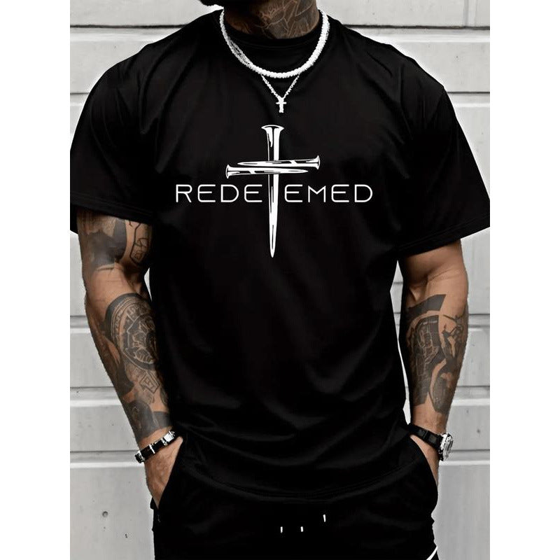 Cross-Border European Size Men's Letter Print Round Neck Tee, Regular Fit Casua