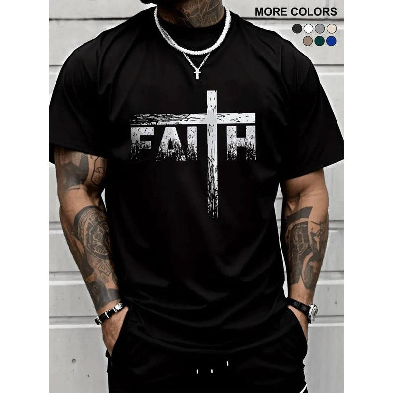 Cross-Border European Size Men's Letter Print Round Neck Tee, Regular Fit Casua
