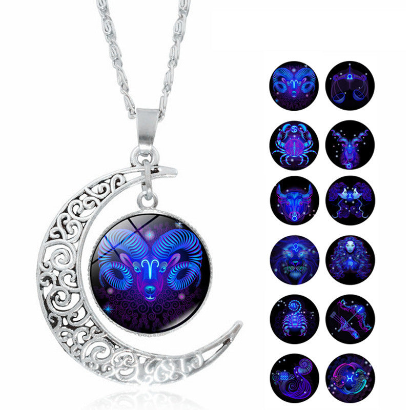 Cross-Border Hot Selling 12 Constellation Necklace Twelve Zodiac Signs Time Gem Moon Glass Pendant European and American Necklace Wholesale