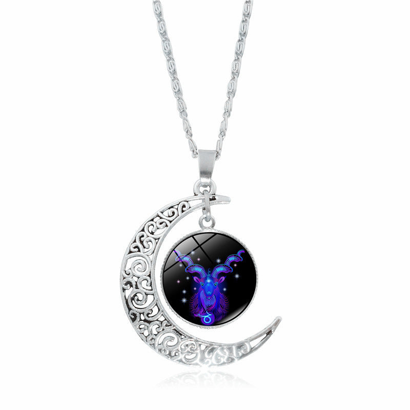 Cross-Border Hot Selling 12 Constellation Necklace Twelve Zodiac Signs Time Gem Moon Glass Pendant European and American Necklace Wholesale