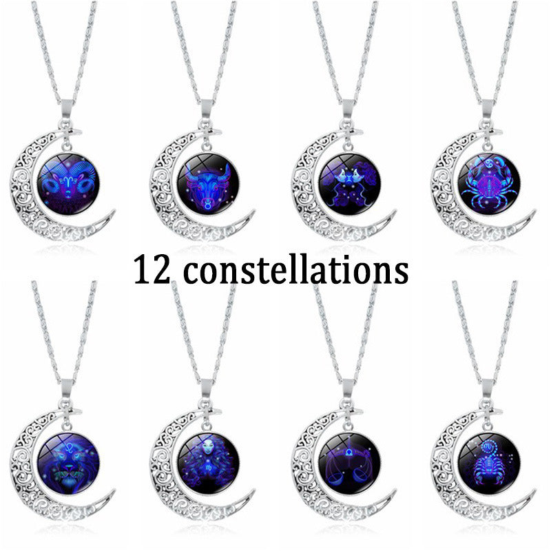 Cross-Border Hot Selling 12 Constellation Necklace Twelve Zodiac Signs Time Gem Moon Glass Pendant European and American Necklace Wholesale