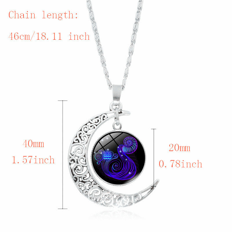 Cross-Border Hot Selling 12 Constellation Necklace Twelve Zodiac Signs Time Gem Moon Glass Pendant European and American Necklace Wholesale