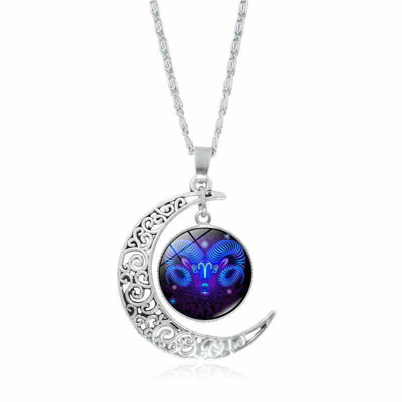 Cross-Border Hot Selling 12 Constellation Necklace Twelve Zodiac Signs Time Gem Moon Glass Pendant European and American Necklace Wholesale