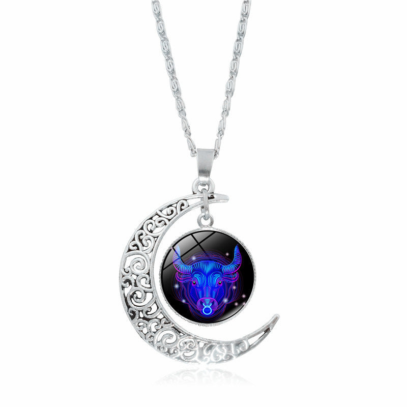 Cross-Border Hot Selling 12 Constellation Necklace Twelve Zodiac Signs Time Gem Moon Glass Pendant European and American Necklace Wholesale
