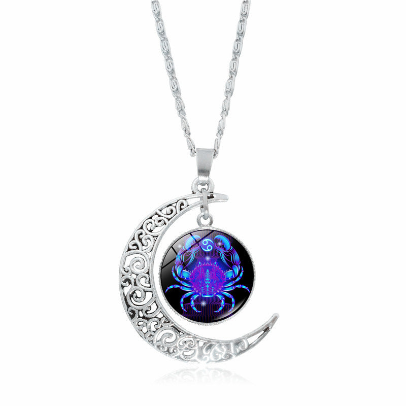Cross-Border Hot Selling 12 Constellation Necklace Twelve Zodiac Signs Time Gem Moon Glass Pendant European and American Necklace Wholesale