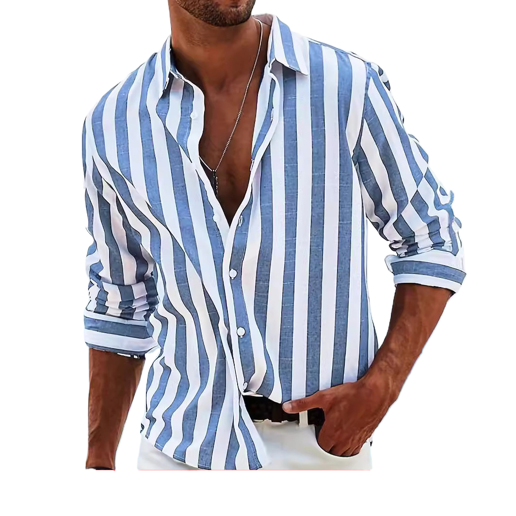 Cross-border New Men's Yarn-dyed Striped Casual Loose Long-sleeved Shirt