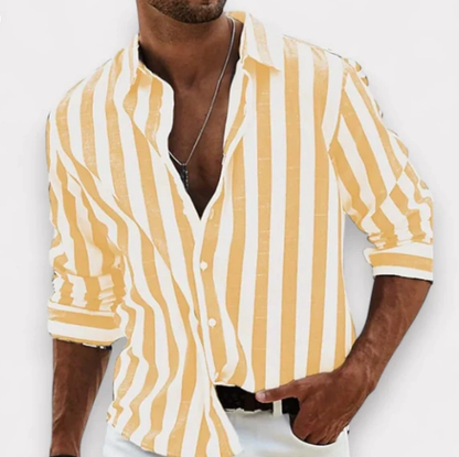 Cross-border New Men's Yarn-dyed Striped Casual Loose Long-sleeved Shirt