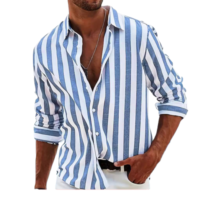 Cross-border New Men's Yarn-dyed Striped Casual Loose Long-sleeved Shirt