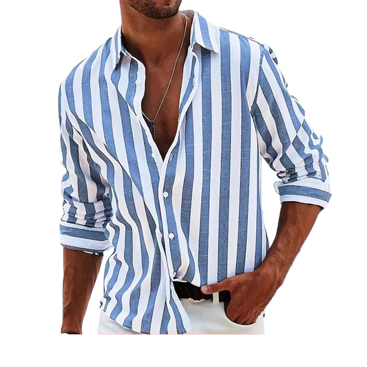 Cross-border New Men's Yarn-dyed Striped Casual Loose Long-sleeved Shirt