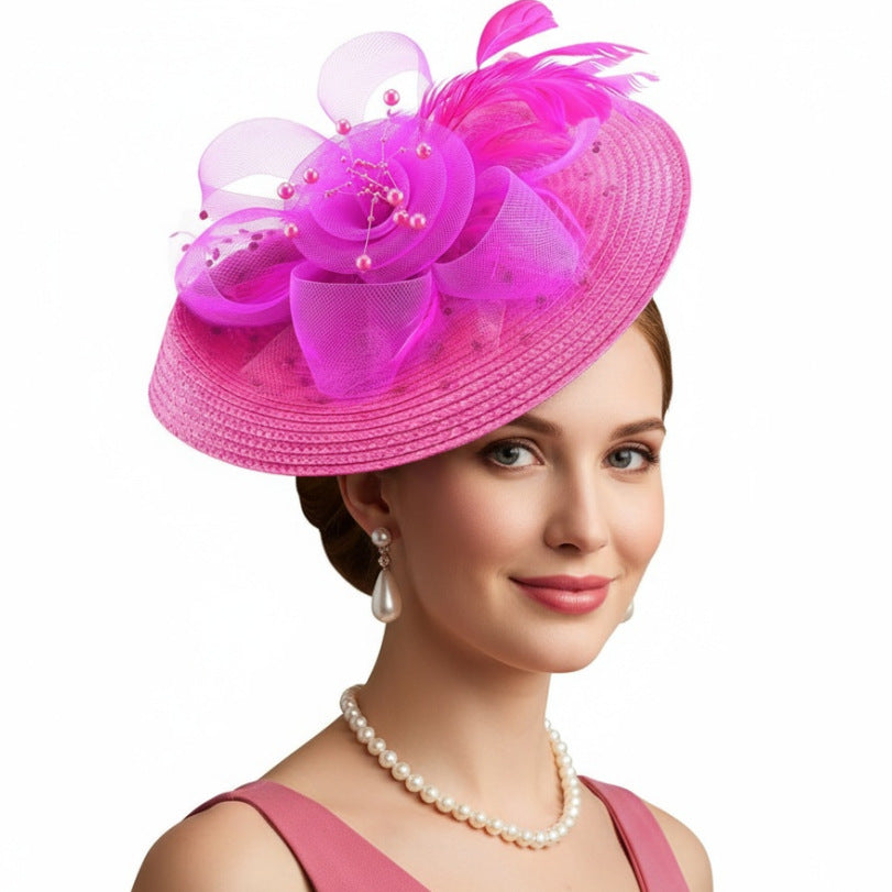 Cross-Border Popular Mesh Flower Headdress Straw Feather Hair Accessories Horse Racing Festival Tea Party Bridal Prom Hat Wholesale