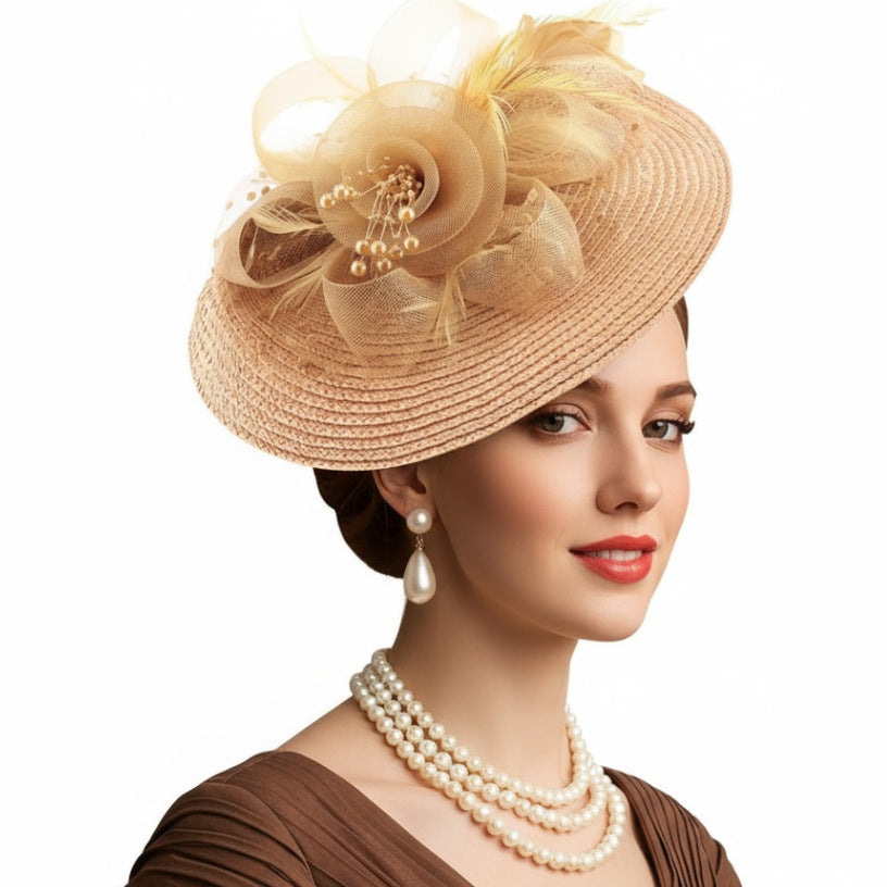 Cross-Border Popular Mesh Flower Headdress Straw Feather Hair Accessories Horse Racing Festival Tea Party Bridal Prom Hat Wholesale