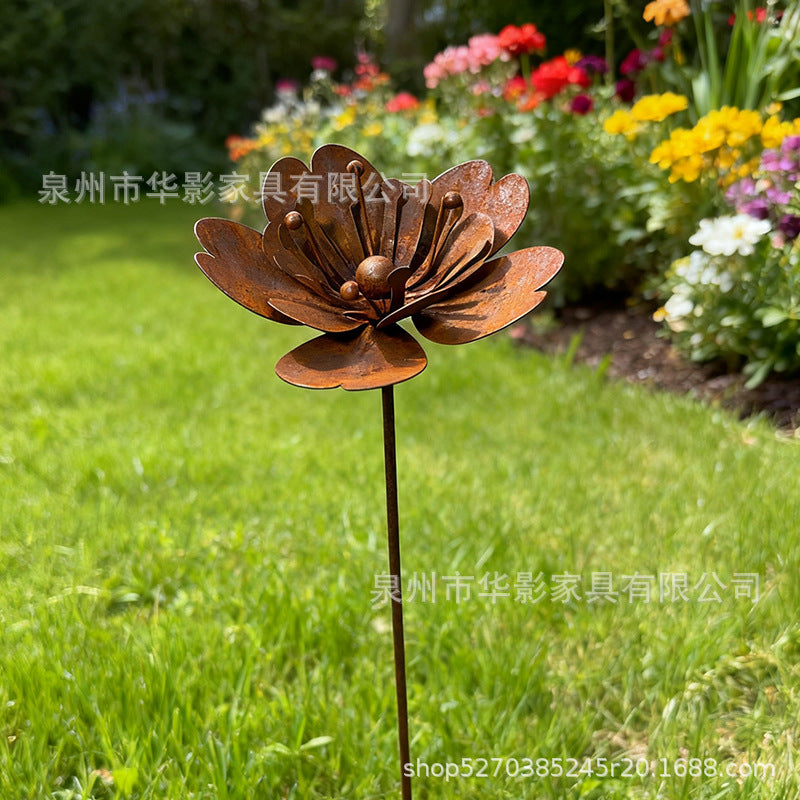Cross-Border Rusty Flowers with Five Beads Wrought Iron Flowers Outdoor Decorative Floor Inserts Courtyard Backyard Decorative Flowers