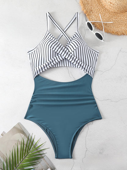 Cross-color-block swimsuit backless