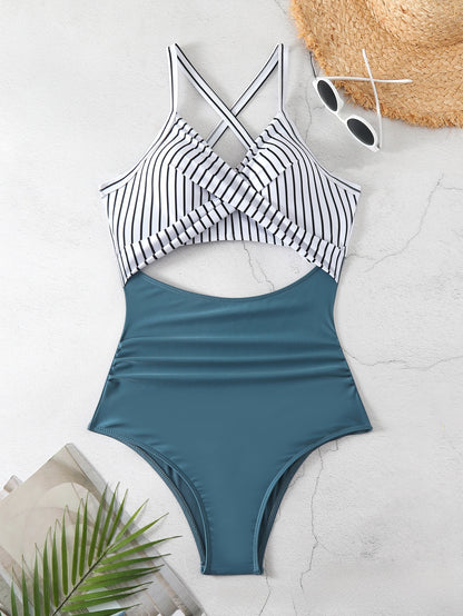 Cross-color-block swimsuit backless