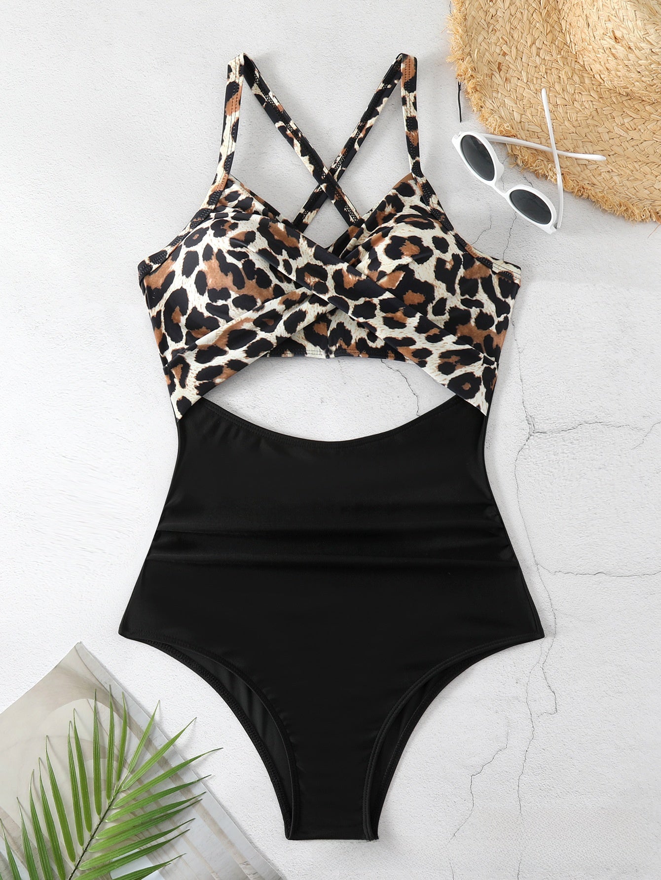 Cross-color-block swimsuit backless