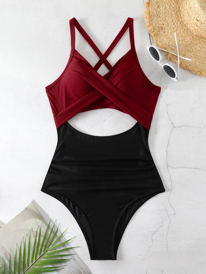 Cross-color-block swimsuit backless