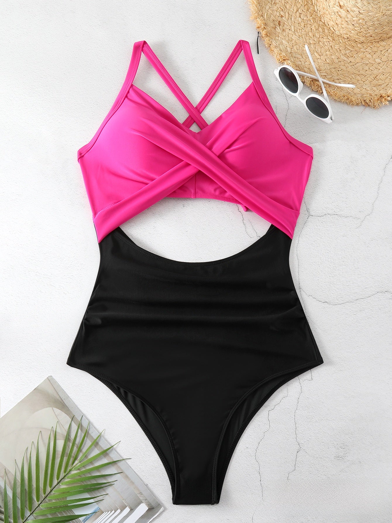Cross-color-block swimsuit backless