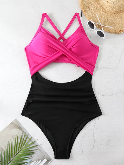 Cross-color-block swimsuit backless