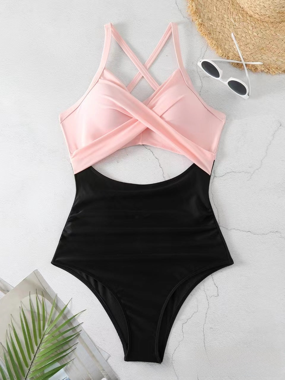 Cross-color-block swimsuit backless