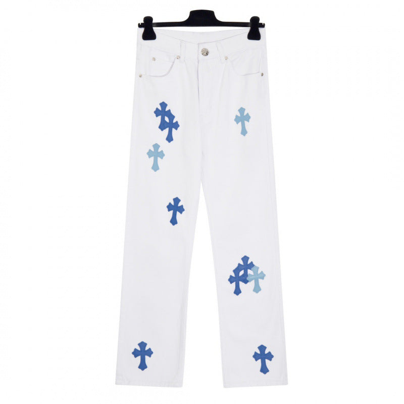 Cross leather jeans