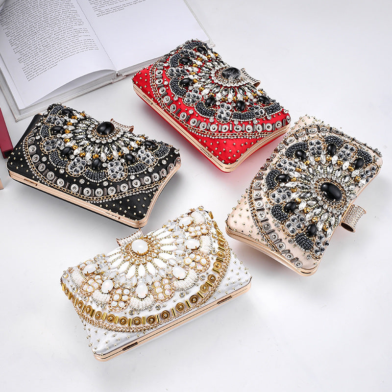 Cross-Mirror New Bead Embroidered Evening Bag, Hand-Beaded Women's Hand-Held Wedding Bag, Diamond-Encrusted Banquet Rhinestone Evening Bag