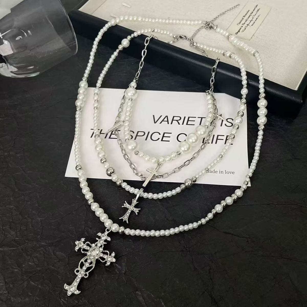 Cross Stacked Pearl Necklace Women Long Layered Alloy Clavicle Chain Jewelry