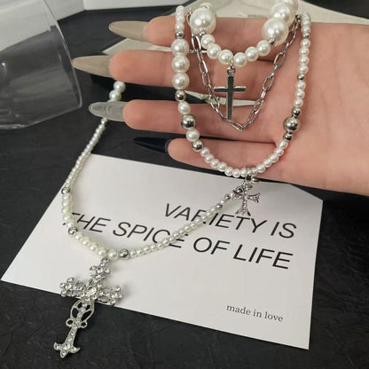 Cross Stacked Pearl Necklace Women Long Layered Alloy Clavicle Chain Jewelry