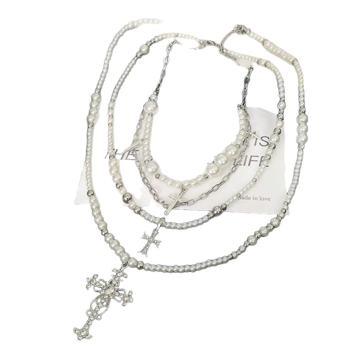 Cross Stacked Pearl Necklace Women Long Layered Alloy Clavicle Chain Jewelry