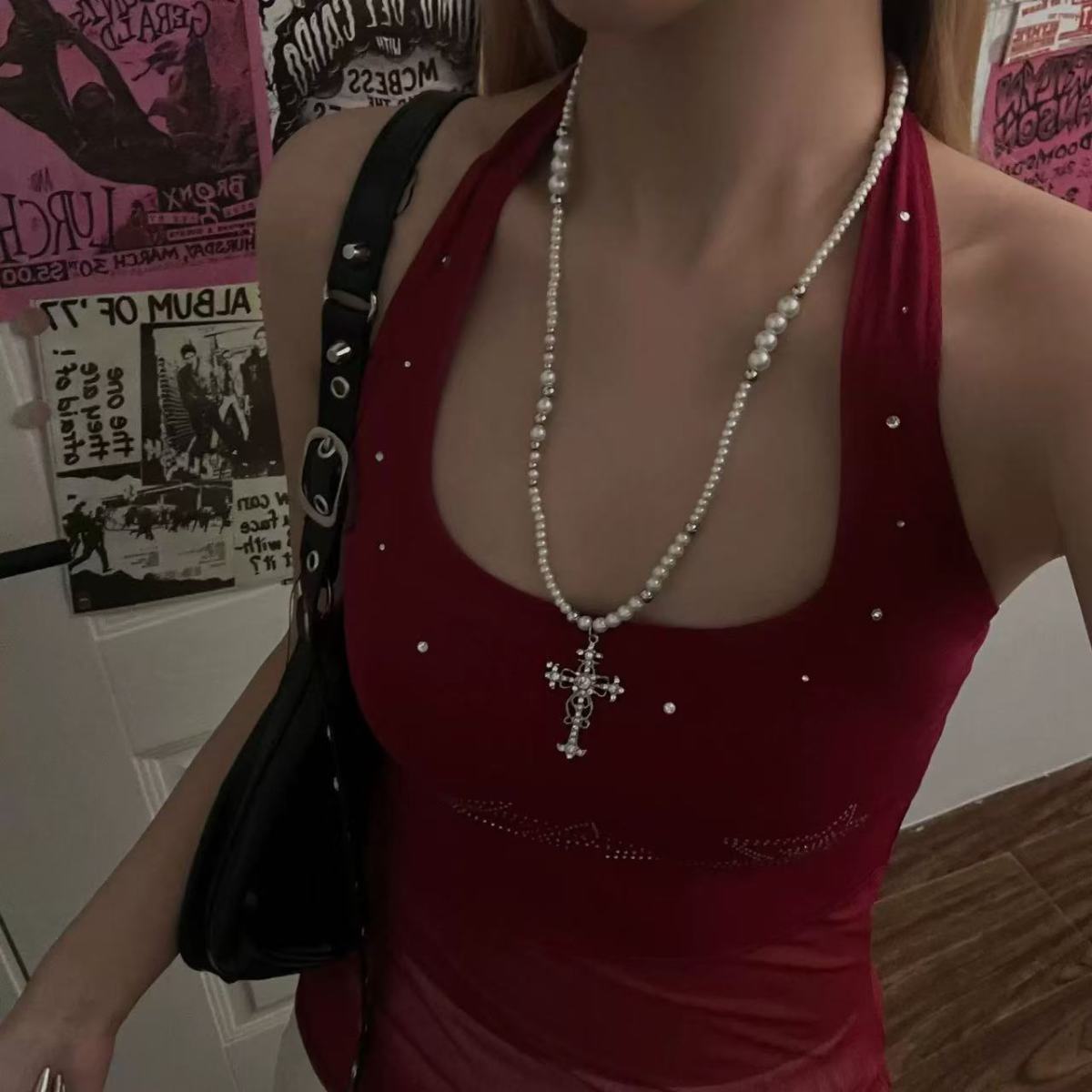 Cross Stacked Pearl Necklace Women Long Layered Alloy Clavicle Chain Jewelry