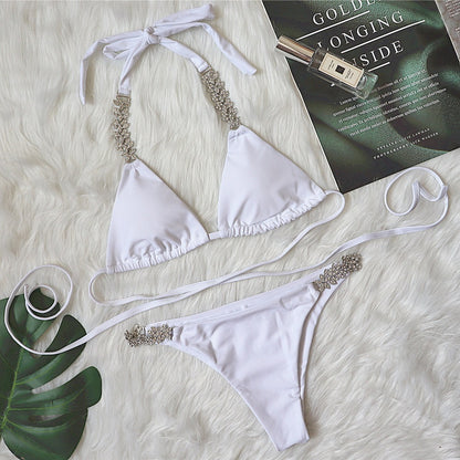 Crossed bandage bikini pure color swimsuit